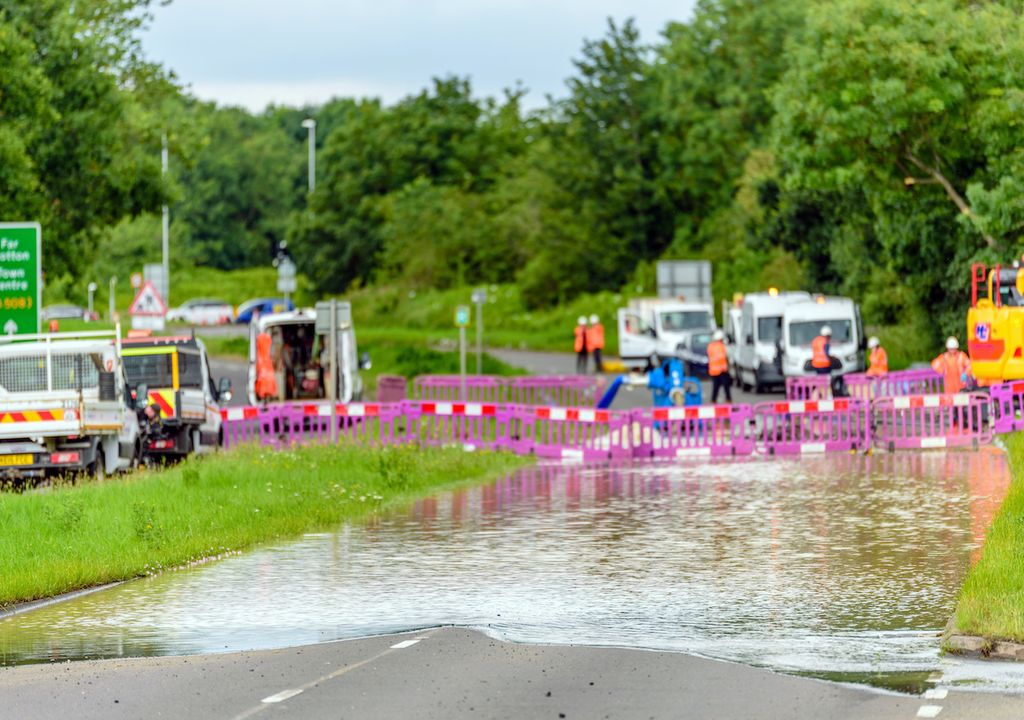 UK flood road disruption.