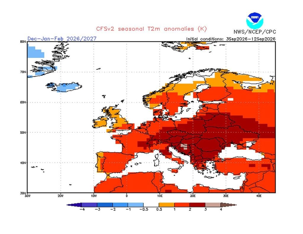 winter, mild, deutschland Der Winter 2026/27 soll in Deutschland deutlich "zu warm" ausfallen laut der CFS-Prognose der NOAA.