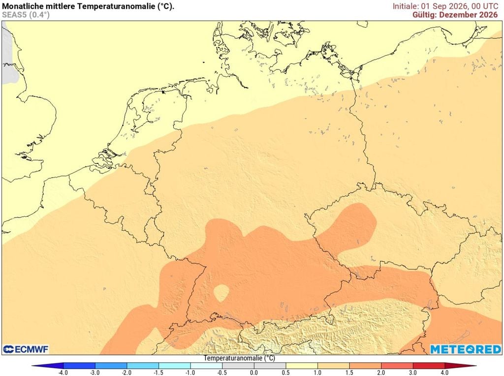 dezember, ecmwf, wetter Der Dezember 2026 soll laut ECMWF-Prognose besonders in Süddeutschland sehr warm ausfallen.