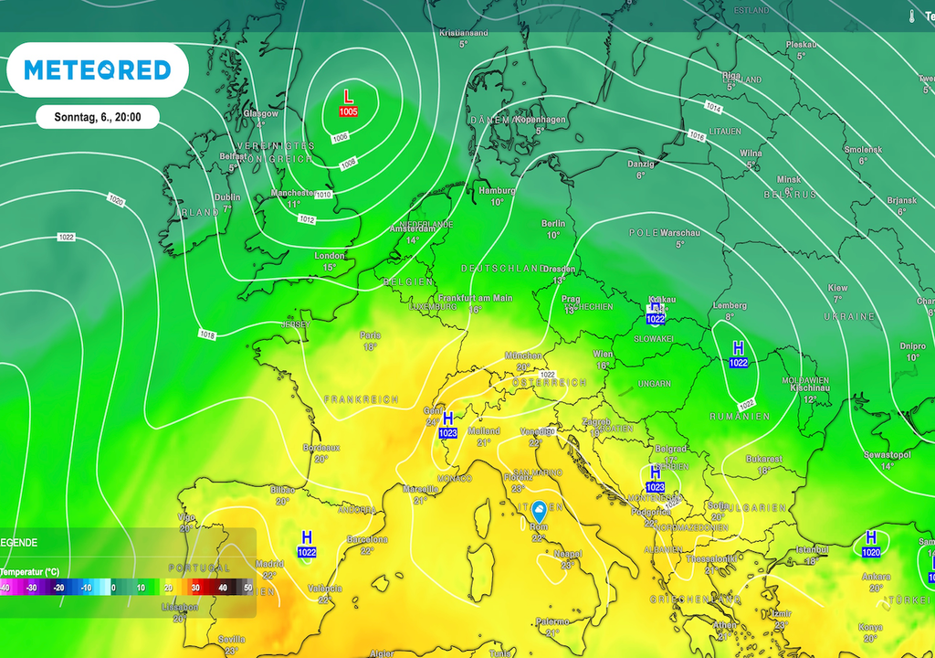 20 Grad, München , 1.500 Metern, Sonntag, heiße Luft 20 Grad über München – in rund 1.500 Metern Höhe! Am Sonntag strömt heiße Luft heran. Wie heiß wird es dann erst am Boden?