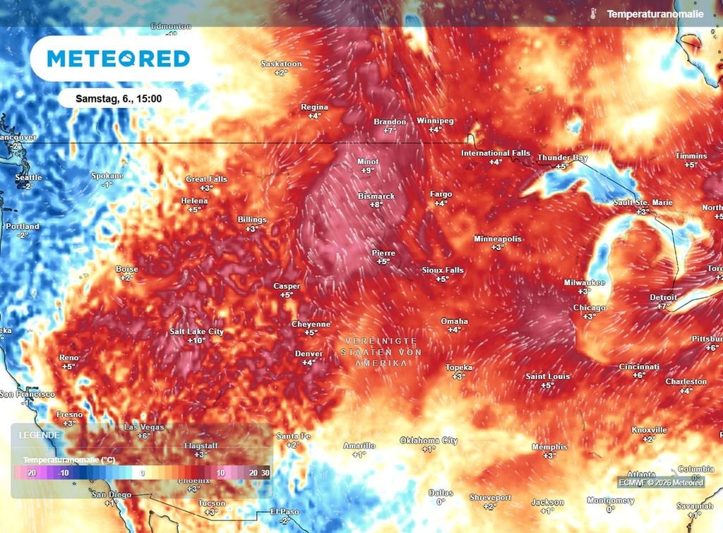Große Hitze in den USA - die Temperaturanomalie ist aktuell sehr stark positiv. Es ist deutlich heißer als normal.