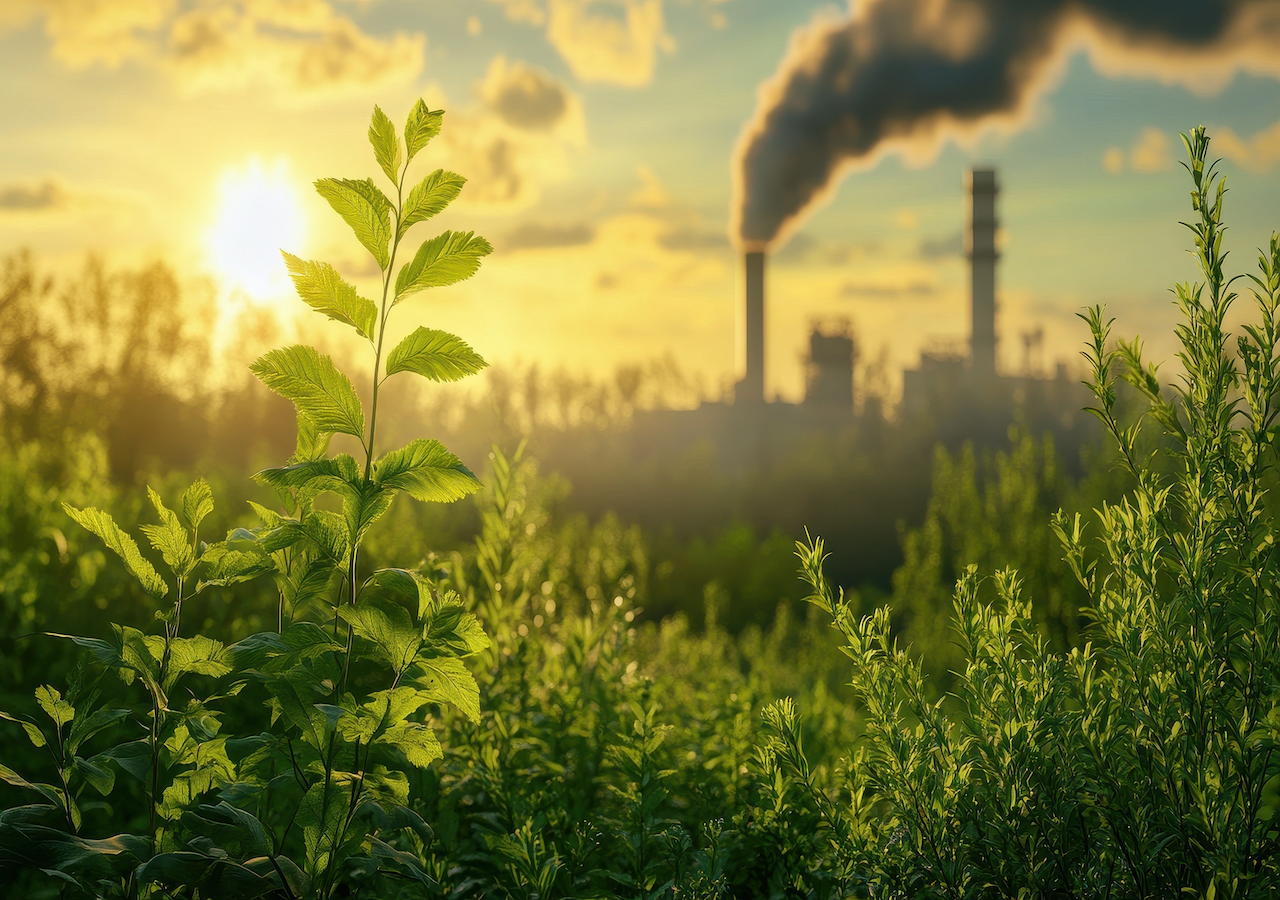 Das Bild verdeutlicht die Herausforderung: Trotz natürlicher CO₂-Senken wie Pflanzen und Wäldern steigen die Emissionen durch Industrie, Waldbrände und andere Einflüsse – und verschärfen die Erderwärmung.