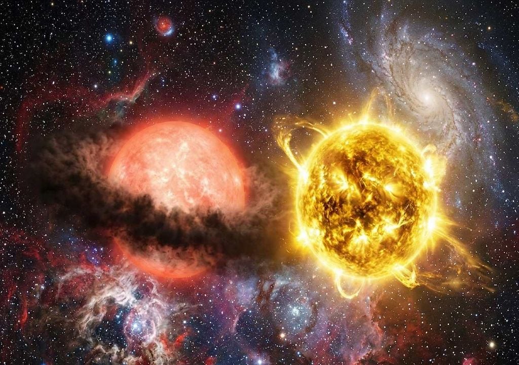 Estrella WOH G64 La espectroscopia sugiere que una vecina invisible despoja violentamente a la estrella WOH G64 de su envoltura gaseosa. Otra tesis plantea que un velo de polvo rojo ocultó su verdadera temperatura hasta que se disipó recientemente. Imagen: simulación con IA.