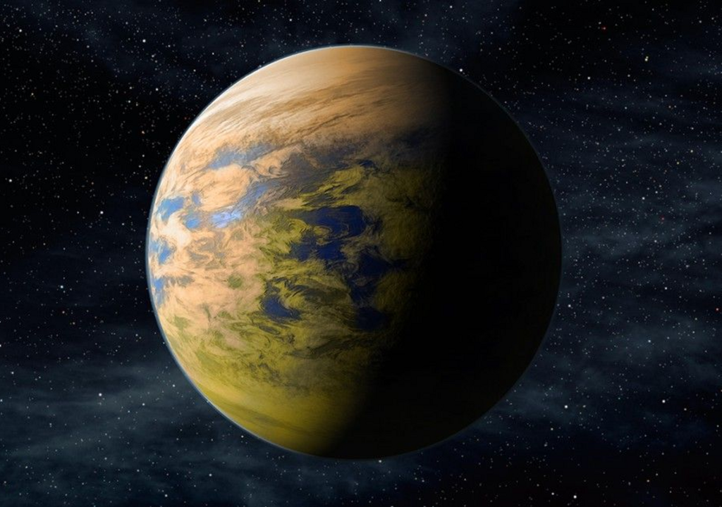 Illustration eines erdähnlichen Exoplaneten – mit farbigen Pigmenten von Mikroorganismen in den Wolken. Illustration eines erdähnlichen Exoplaneten – mit farbigen Pigmenten von Mikroorganismen in den Wolken.