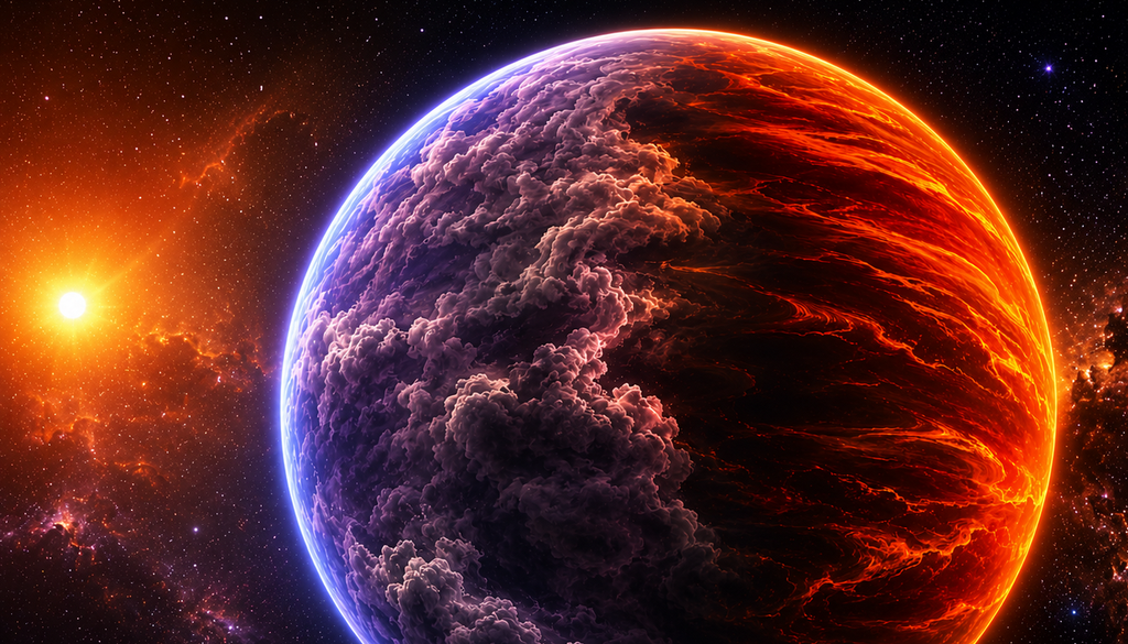 Künstlerische Darstellung des Exoplaneten WASP-94A b. Künstlerische Darstellung des Exoplaneten WASP-94A b. Bild: KI-generiert