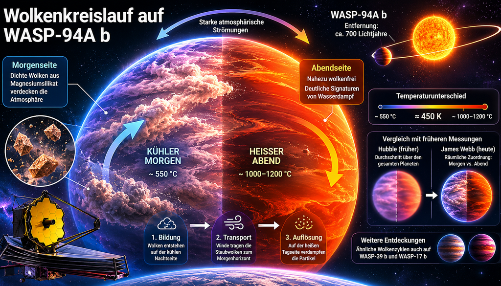 Übersicht über die Studienergebnisse: Morgens herrschen auf WASP-94A b Wolken aus Magnesiumsilikat vor, die abends nahezu vollständig verschwinden. Übersicht über die Studienergebnisse: Morgens herrschen auf WASP-94A b Wolken aus Magnesiumsilikat vor, die abends nahezu vollständig verschwinden. Bild: KI-generiert