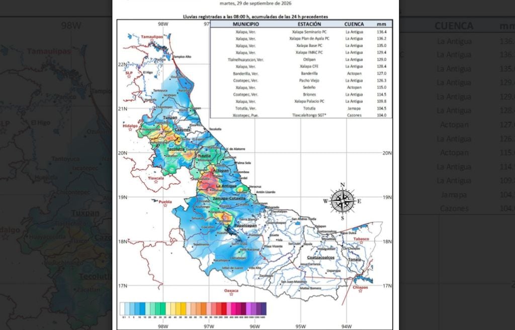Acumulados de precipitación durante el 28 de septiembre en Veracruz. Fuente: CONAGUA.