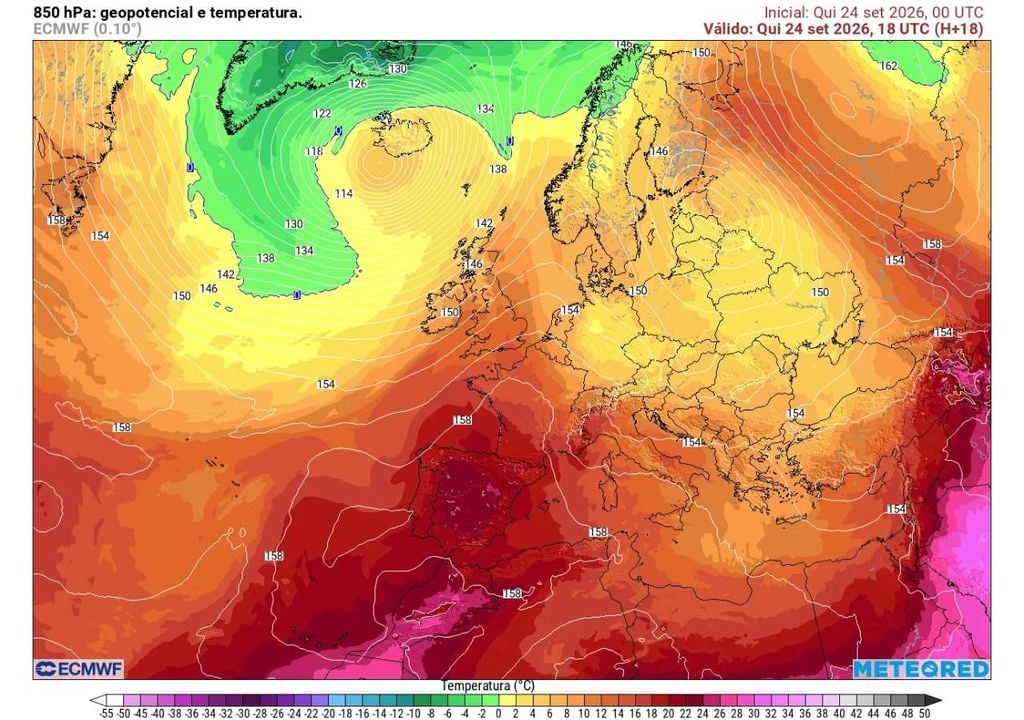 Geopotencial e temperatura a 850 hPa Uma massa de ar muito quente, com origem em latitudes subtropicais, continua a dominar Portugal continental. Este cenário ajuda a explicar as temperaturas bastante elevadas previstas para os próximos dias.