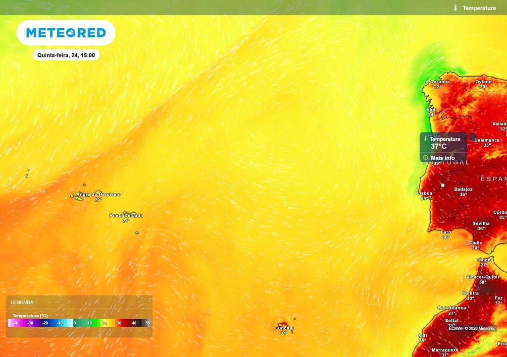Temperatura à superficie O calor mantém-se intenso no interior do continente, com máximas que poderão atingir 36 a 37 ºC no Vale do Tejo e Alto Alentejo. Nos Açores, o ambiente será bastante mais ameno, apesar de algumas ilhas poderem aproximar-se dos 28 ºC.
