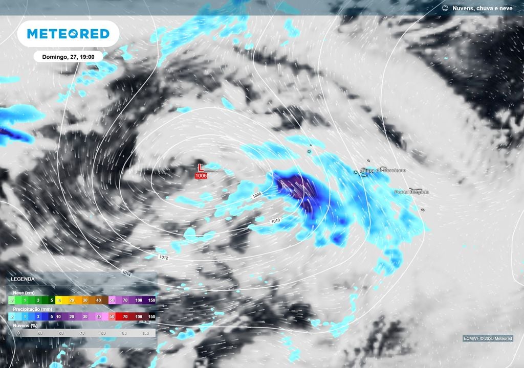 Pressão e chuva No domingo, dia 27, a aproximação de uma depressão pelo Atlântico deverá marcar o início da mudança do tempo nos Açores. A passagem do sistema favorecerá mais nebulosidade, períodos de chuva e uma intensificação do vento no arquipélago.
