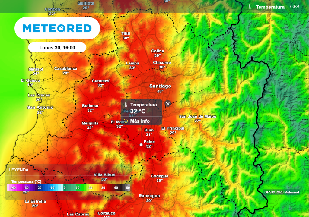 Temperatura ¿Hasta 32 °C en la Región Metropolitana? Modelo GFS prevé los valores mas altos este lunes en el centro de Chile.