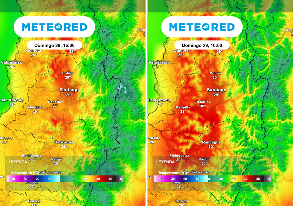 ECMWF y GFS Así se muestran las diferencias térmicas entre el ECMWF (imagen izquierda) y el GFS para este domingo: ambos modelos prevén cerca de 30 °C en Santiago.