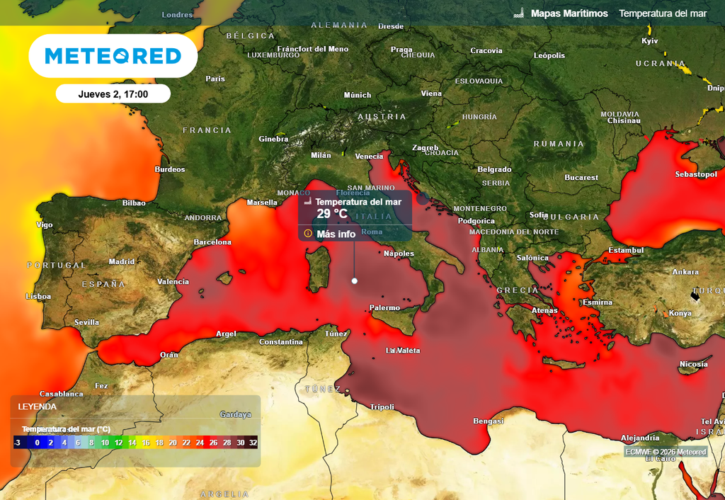 Las aguas del Mediterráneo están tan calientes que ya rozan los 30 °C en la parte sur del mar Tirreno.