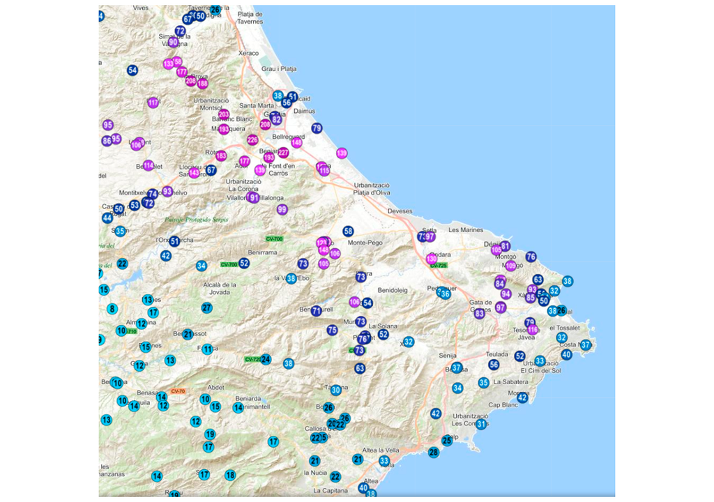 Acumulados de este domingo hasta las 15:00 h en el sur del golfo de Valencia, según la meteoxarxa de AVAMET.
