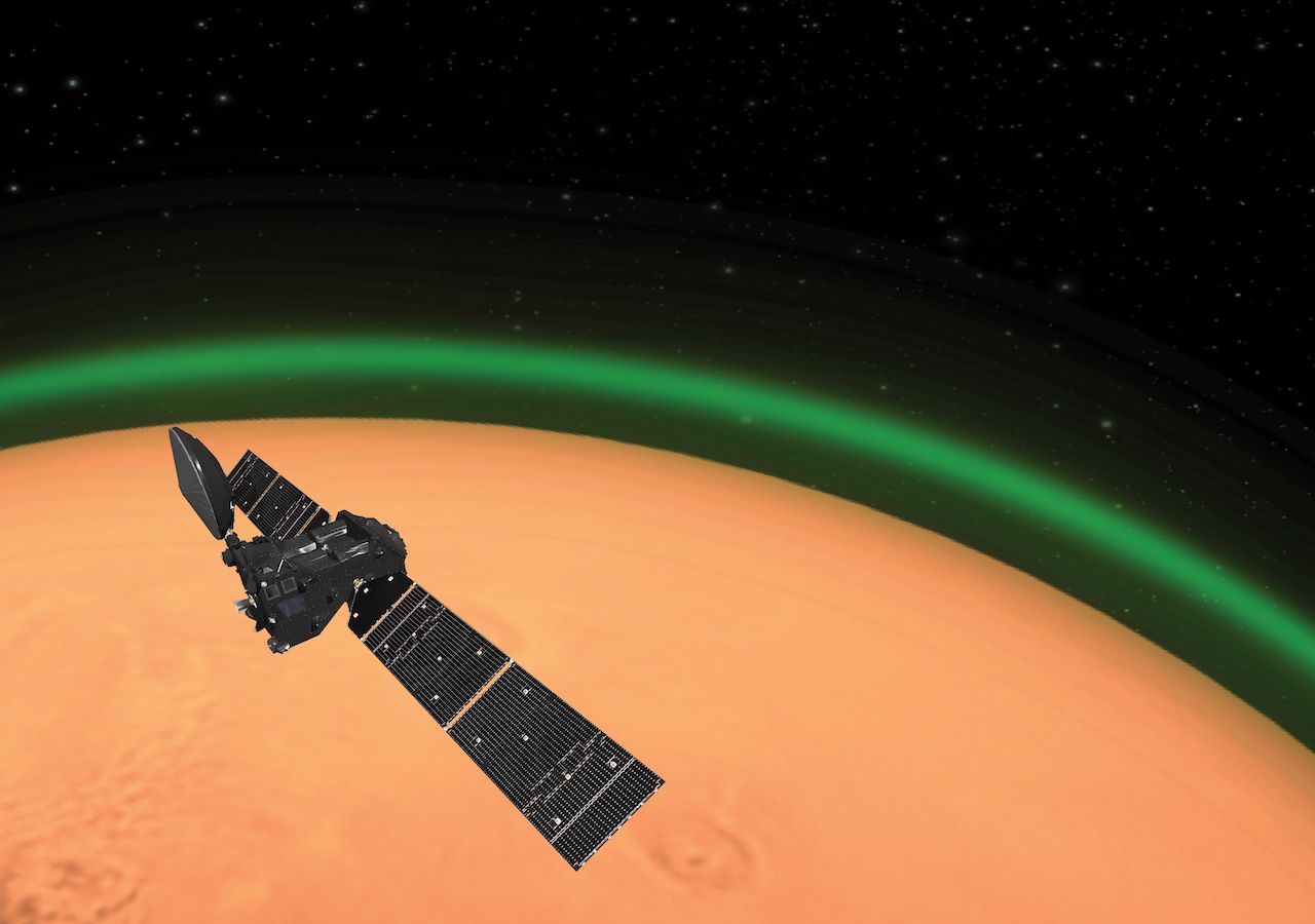 Representación artística de la detección del resplandor verde en la atmósfera marciana por el ExoMars Trace Gas Orbiter. Crédito: ESA