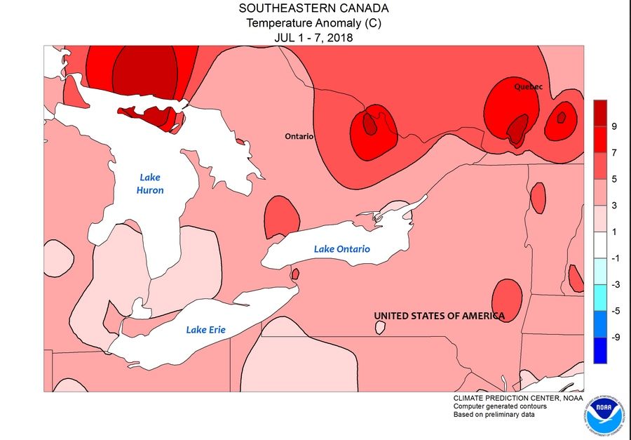 Anomalías térmicas para el periodo del 1-7 de julio de 2018 en el área de Quebec Anomalías térmicas para el periodo del 1-7 de julio de 2018 en el área de Quebec. NOAA