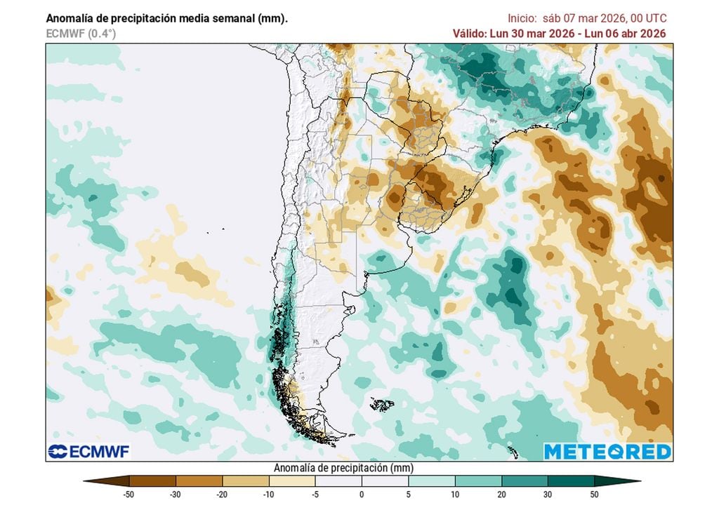 Anomalía precipitaciones Mapa de anomalía de precipitaciones para la semana del 30 de marzo al 6 de abril en Argentina, según el modelo de referencia de Meteored