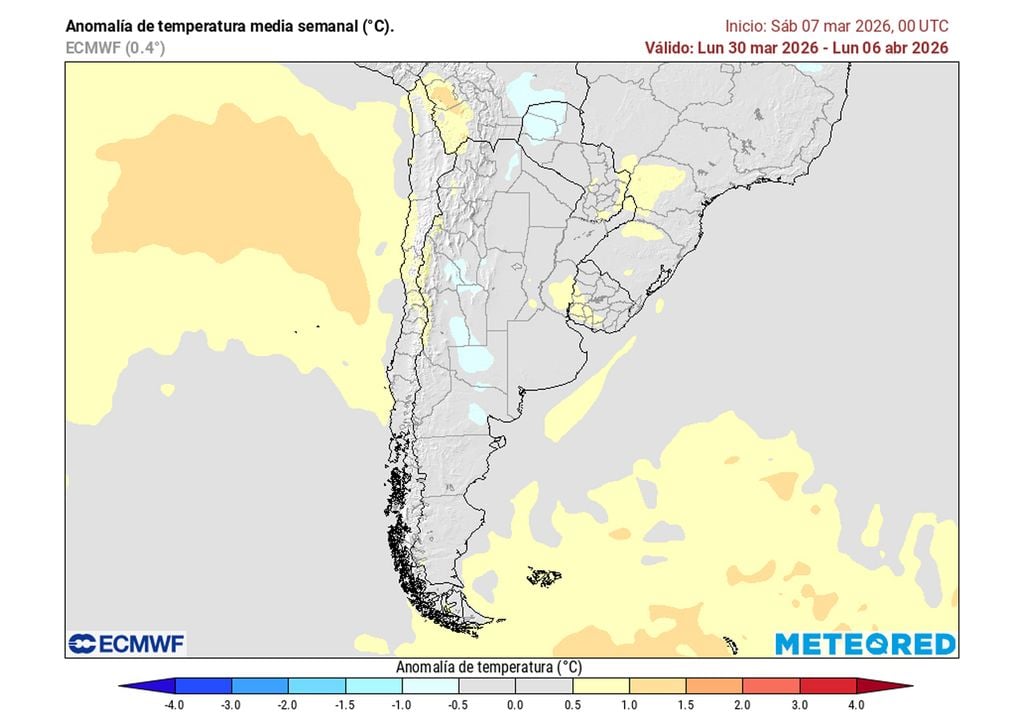 Anomalía temperaturas Mapa de anomalía de temperaturas para la semana del 30 de marzo al 6 de abril en Argentina, según el modelo de referencia de Meteored