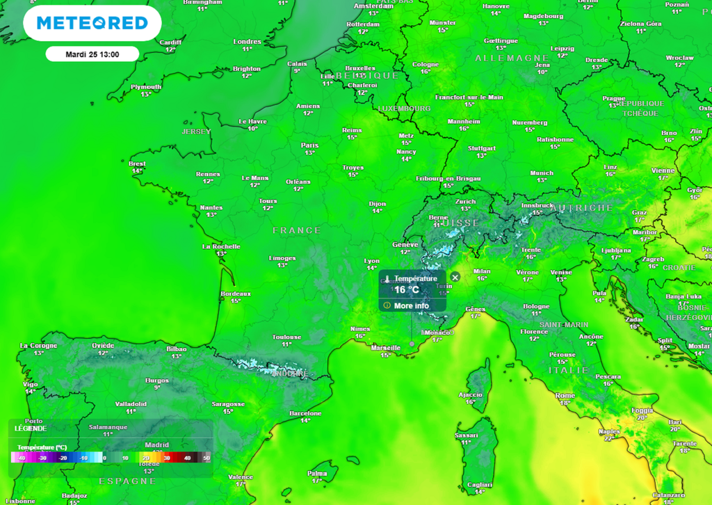 En début de semaine prochaine, les maximales ne dépasseront plus les 15°C, sauf dans l'extrême sud-est et en Corse. En début de semaine prochaine, les maximales ne dépasseront plus les 15°C, sauf dans l'extrême sud-est et en Corse.