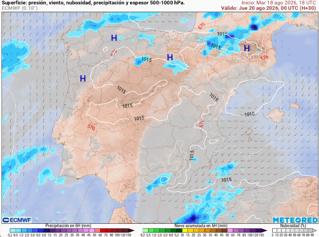 Presión en superficie y precipitaciones previstas para el 20 de agosto de 2026. Tiempo.com