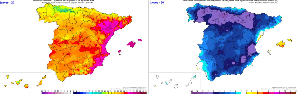 Temperaturas máximas previstas para el 20 de agosto de 2026, izquierda, y variación respecto al día anterior, derecha. Fuente: César Rodríguez Ballesteros