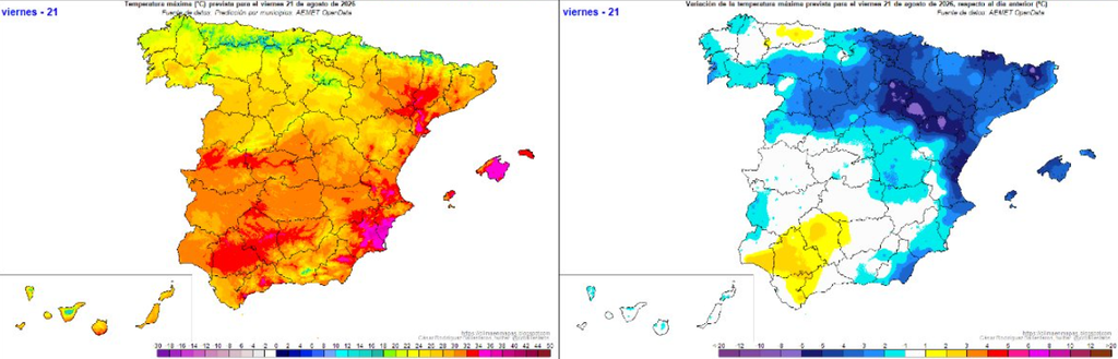 Temperaturas máximas previstas para el 21 de agosto de 2026 y variación respecto al día anterior. Fuente: César Rodríguez Ballesteros