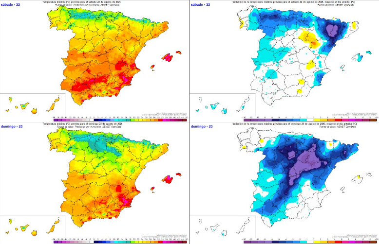 Temperaturas máximas previstas para el 22, arriba, y 23 de agosto, abajo, de 2026, izquierda, y variación respecto al día anterior, derecha. Fuente: César Rodríguez Ballesteros