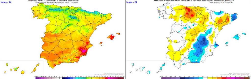 Temperaturas máximas previstas para el 24 de agosto de 2026, izquierda, y variación respecto al día anterior, derecha. Fuente: César Rodríguez Ballesteros