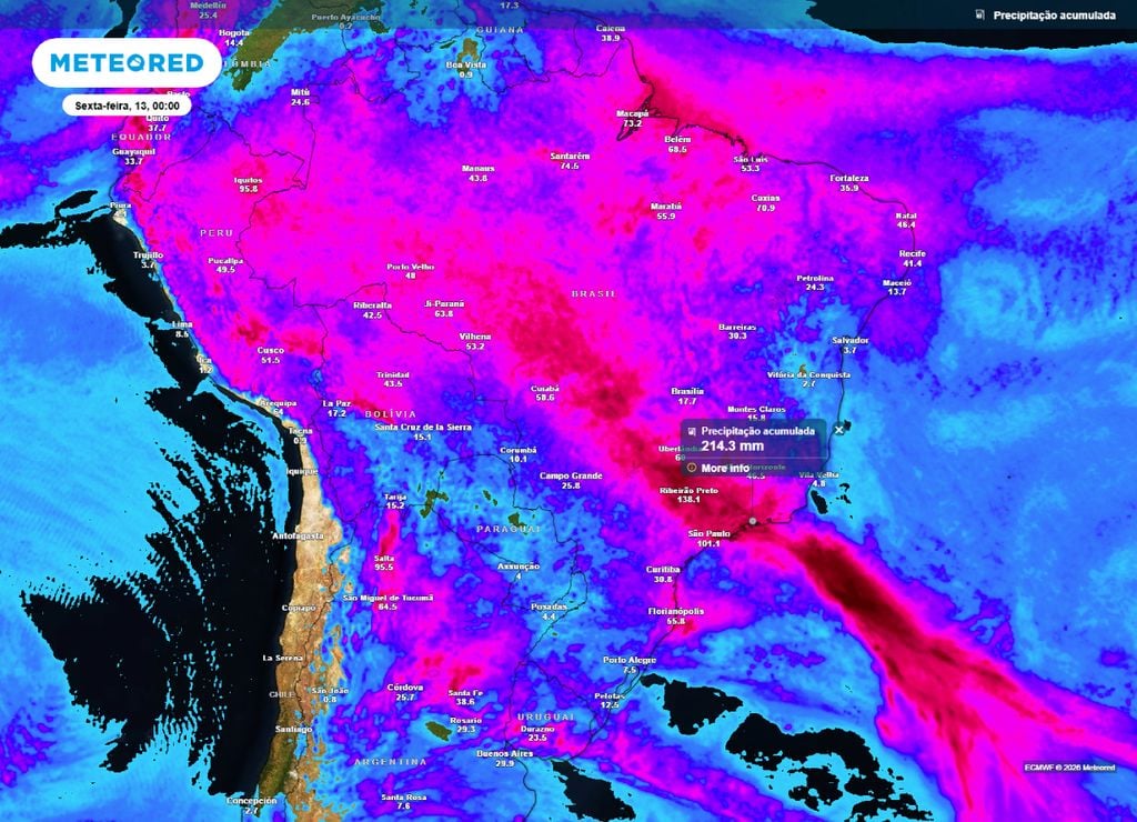 Acumulado de chuva até a quinta-feira, 12 de fevereiro.