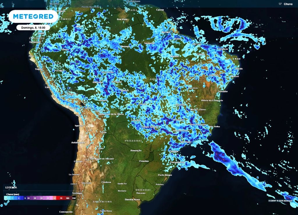 Previsão de chuva para a tarde deste domingo, 8 de fevereiro.