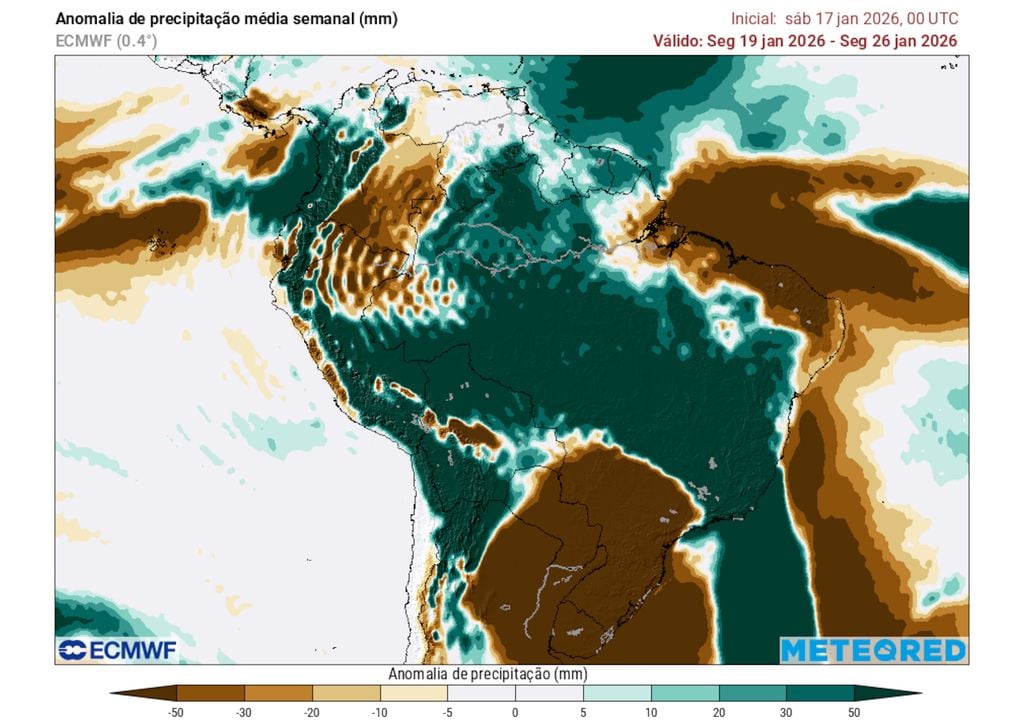Previsão de anomalias de chuva entre os dias 19 e 26 de Janeiro (modelo ECMWF) mostra que chuvas extremamente volumosas se formarão no Brasil ao longo desta semana.