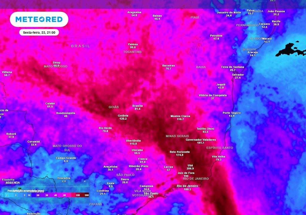 Previsão de acumulados totais de chuva até o final da sexta-feira mostra volumes de até 300 mm no Rio de Janeiro, Espírito Santo e Minas Gerais. Mato Grosso e Goiás também serão afetados.
