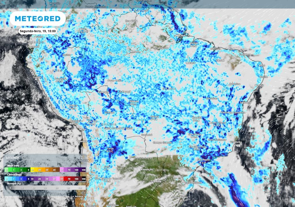 Previsão de nebulosidade e chuvas na segunda-feira durante a tarde mostra pancadas de chuva se formando em grande parte do Sudeste, do Centro-Oeste e parte do Norte e Nordeste.