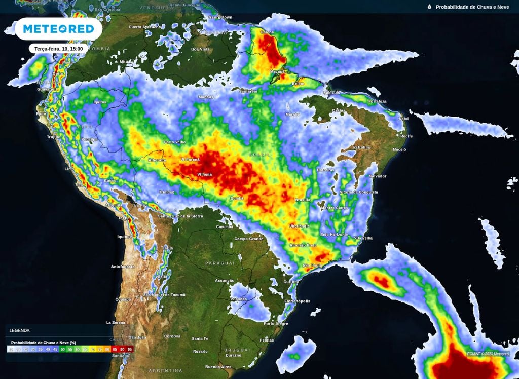 Probabilidade de precipitação ao longo da tarde desta terça-feira (10), segundo o modelo ECMWF.