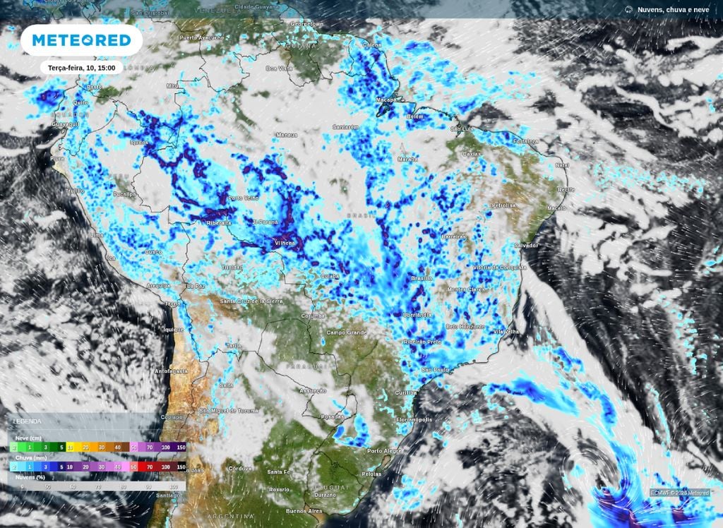 Previsão de chuva e nebulosidade para a tarde desta terça-feira (10).