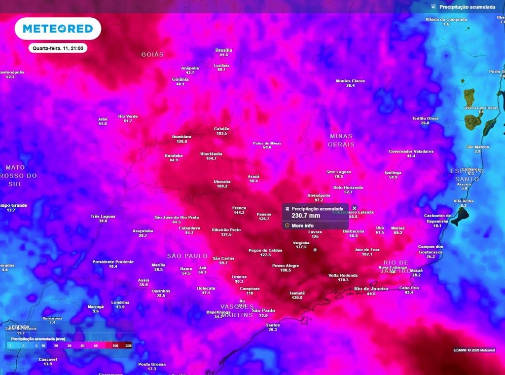 Previsão do acumulado de precipitação (em mm) até a noite (21h) de quarta-feira (11), segundo o modelo europeu ECMWF.