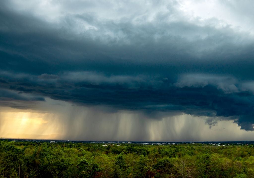 Fotografia de uma pancada de chuva sobre área florestal. Fotografia de uma pancada de chuva sobre área florestal.