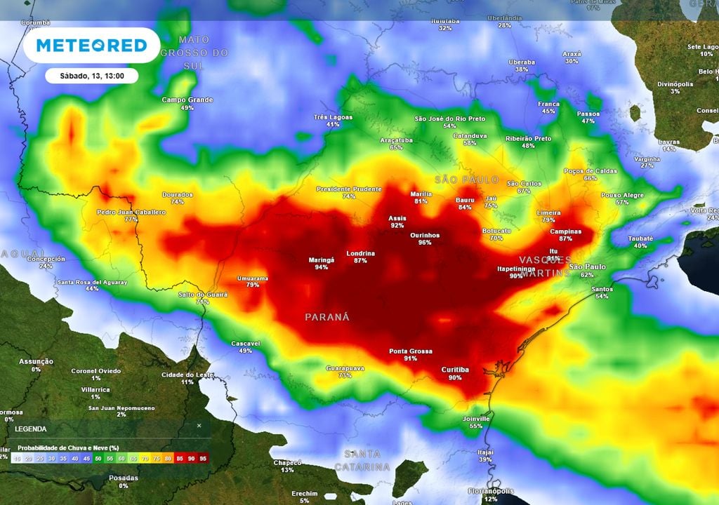 Previsão de probabilidade de chuva no Sábado durante a tarde. Previsão de probabilidade de chuva no Sábado durante a tarde.