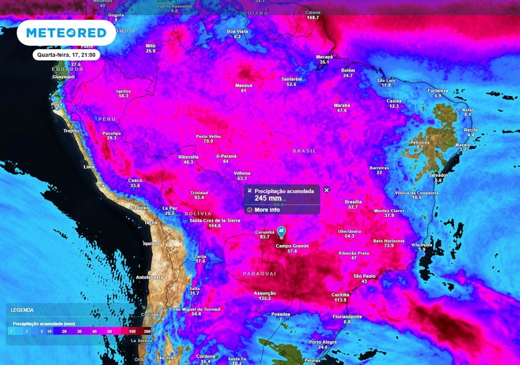 Previsão de acumulados totais de chuva até a próxima quarta-feira. Previsão de acumulados totais de chuva até a próxima quarta-feira.