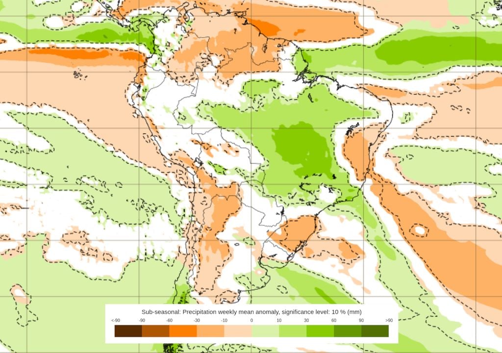 Previsão de anomalias de chuva entre os dias 15 e 22 de Dezembro (modelo ECMWF). Previsão de anomalias de chuva entre os dias 15 e 22 de Dezembro (modelo ECMWF).