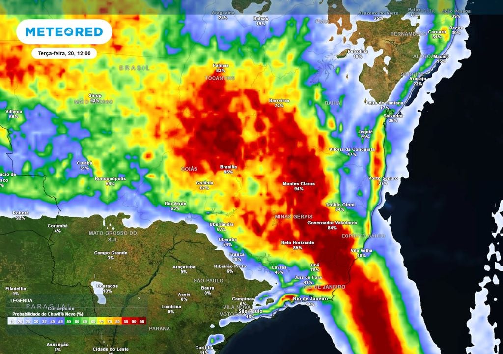 Previsão de probabilidade de chuva na terça-feira durante a tarde mostra uma faixa de tempestades severas se formando entre o Rio de Janeiro, Minas Gerais e Espírito Santo.