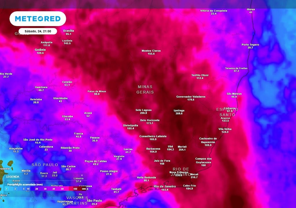 Destaque da previsão de acumulados totais de chuva até o sábado ilustra quais regiões serão mais fortemente atingidas pelas chuvas causadas pela ZCAS ao longo desta semana.