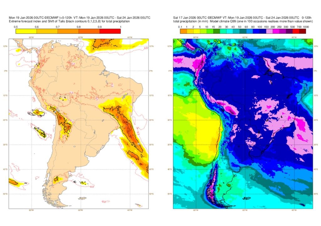 Previsão de Extreme Forecast Index (EFI) do modelo ECMWF indica que volumes de chuva muito incomuns ou extremos podem ser registrados em grande parte do Sudeste.