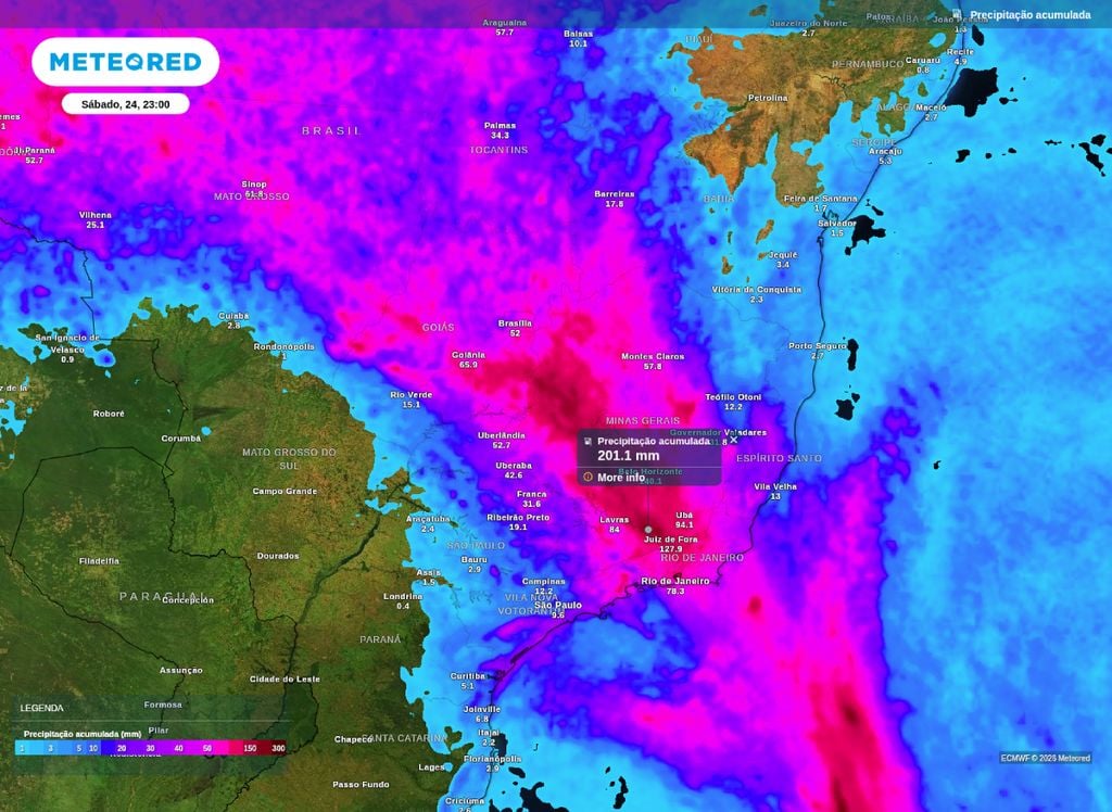 Precipitação acumulada prevista para até o final da noite de sábado (24).