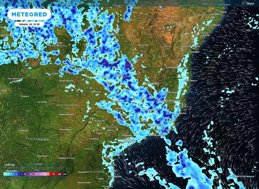 Precipitação prevista para a tarde deste sábado (24), segundo o modelo ECMWF.