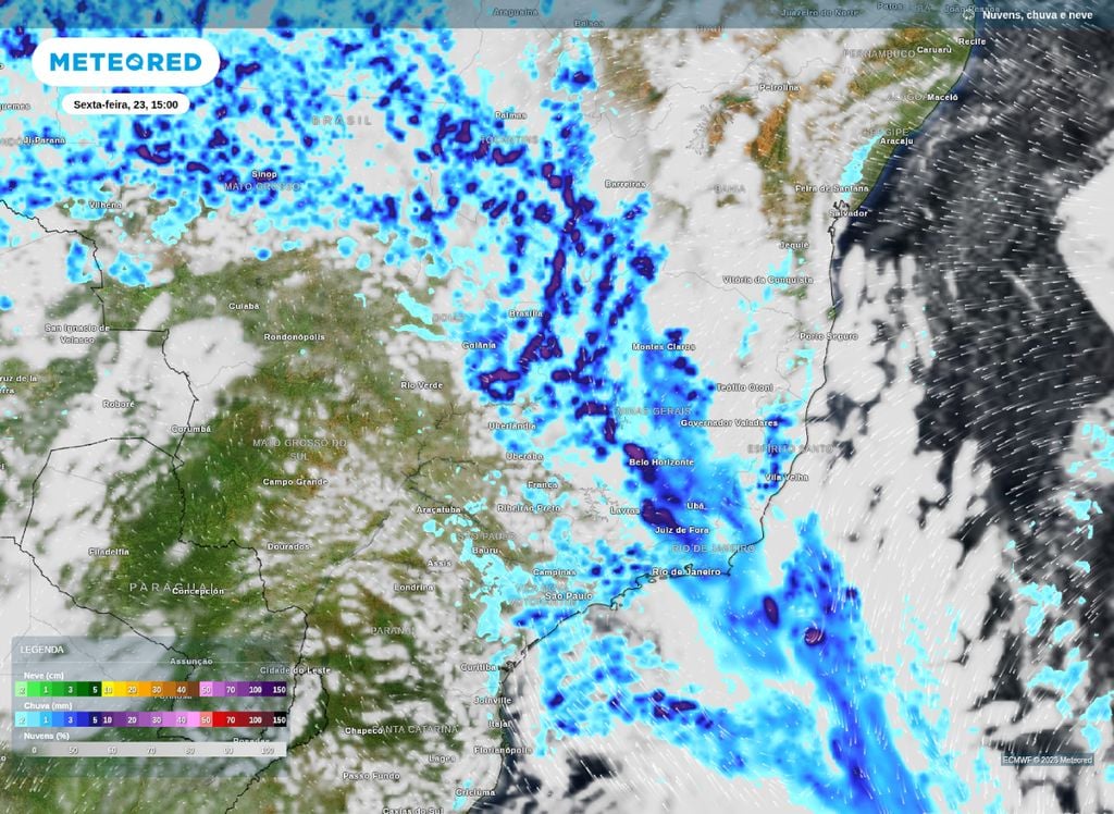 Precipitação e nebulosidade prevista para a tarde desta sexta-feira (23).