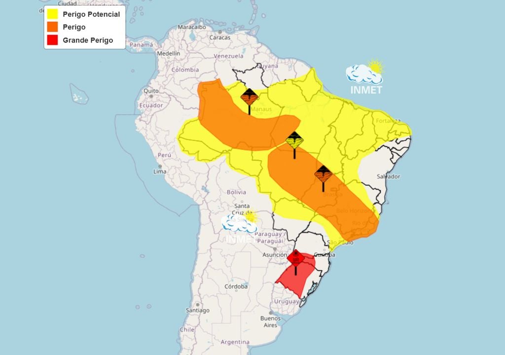 Mapa de alertas emitidos pelo INMET nesta quinta-feira ilustra abrangência da faixa de precipitação ocasionada pela ZCAS, atingindo estados do sudeste, centro-oeste e norte do país.