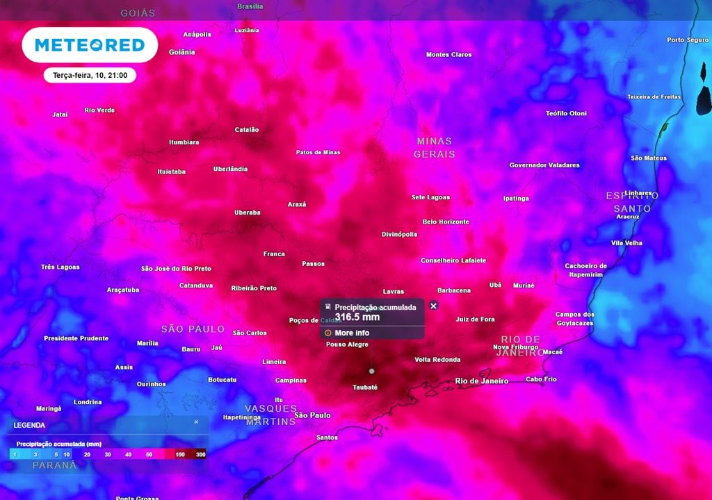 Previsão de acumulados totais de chuva até a terça-feira mostra que partes de SP, RJ e MG podem registrar acumulados que giram em torno dos 315 mm de chuva, causando grandes transtornos.