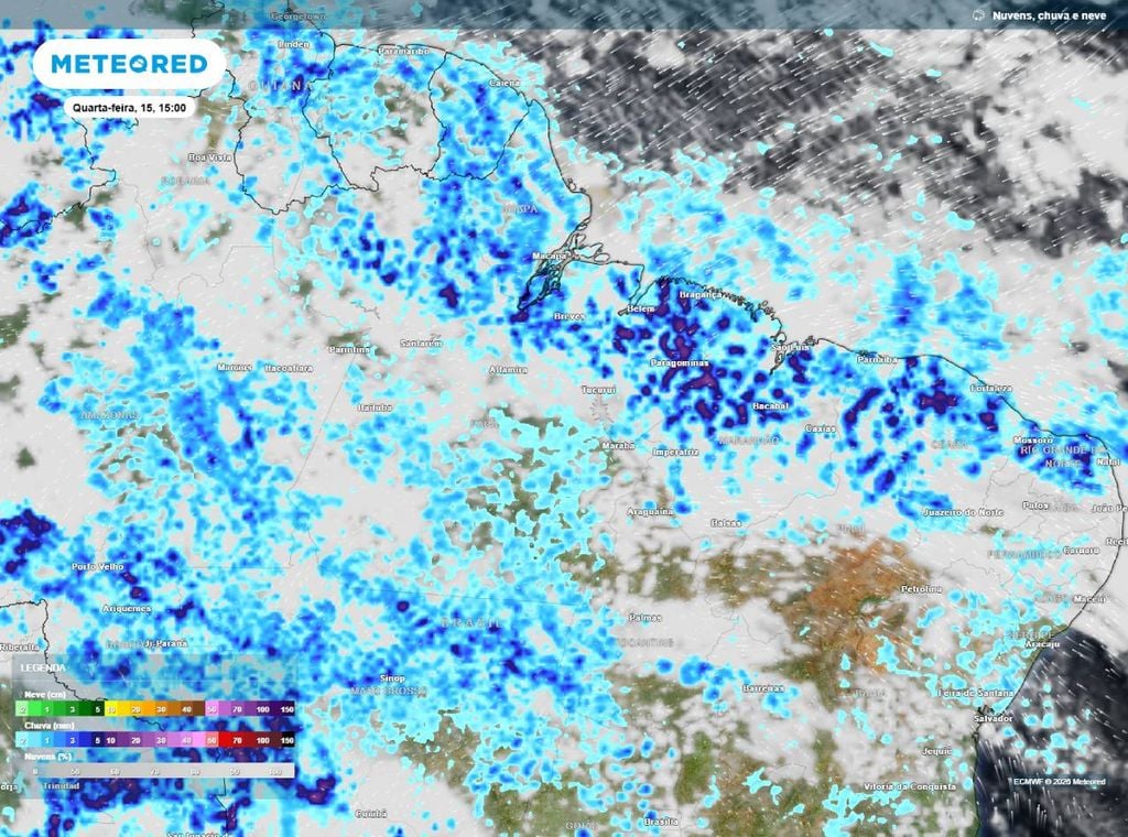 Previsão de precipitação (em mm) para quarta-feira (15) à tarde (15h), segundo o modelo europeu ECMWF.