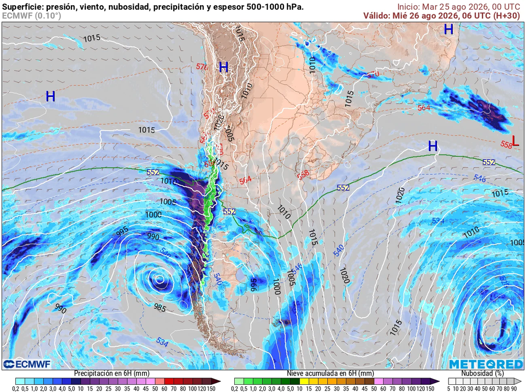 Primer sistema frontal ingresando a la zona central, activando precipitaciones intensas desde Valparaíso hasta el Biobío.